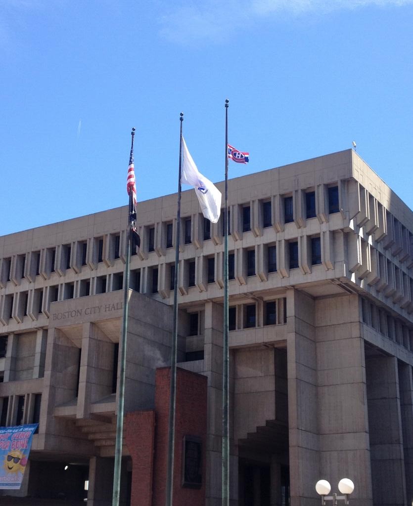 Montreal Canadiens' flag flying in front of Boston City Hall on May 21, 2014.