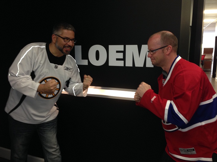 Bruins fan Carlo Rossi and colleague Israel Labadie work at Loen Consultations Inc. in Longueuil and they have a wager where the loser has to have logo of opposing team shaved into back of head.