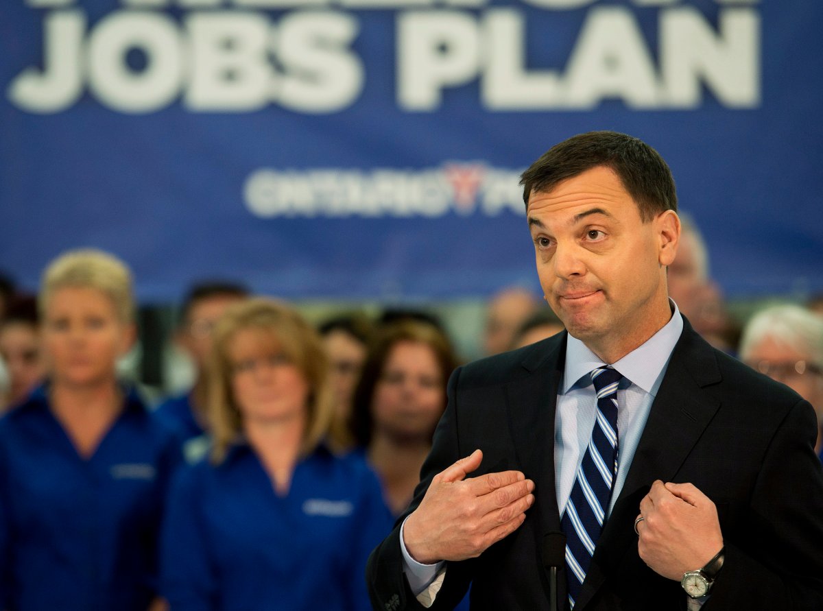 Ontario PC Leader Tim Hudak makes an announcement at a packaging plant about creating 40,000 jobs in Ontario with affordable energy during a campaign stop in Smithville, Ont., on Monday, May 12, 2014. 