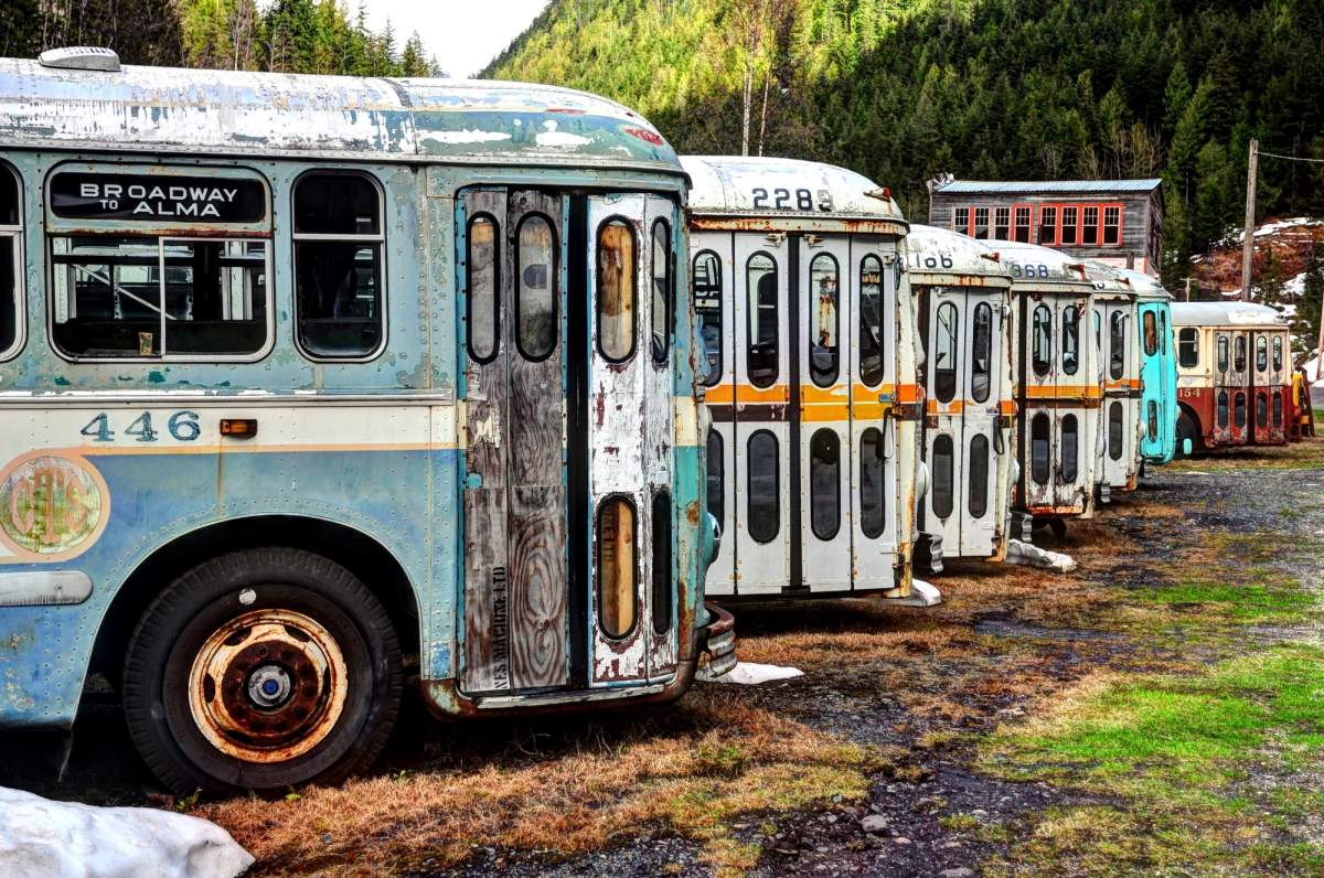 The Vancouver Brill trolley buses have sat in a vacant lot in Sandon, B.C. for over a decade.