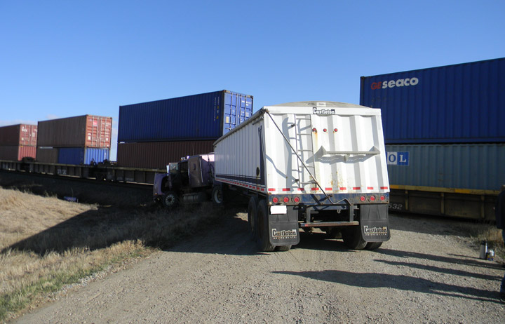Semi driver hauling grain collides with CN train west of Landis, Saskatchewan on Friday.