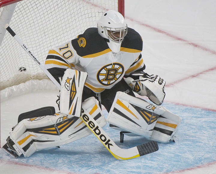 Boston Bruins' goaltender Malcolm Subban guards his net during the warm up prior to an NHL pre-season hockey game against the Montreal Canadiens in Montreal, Monday, September 16, 2013.