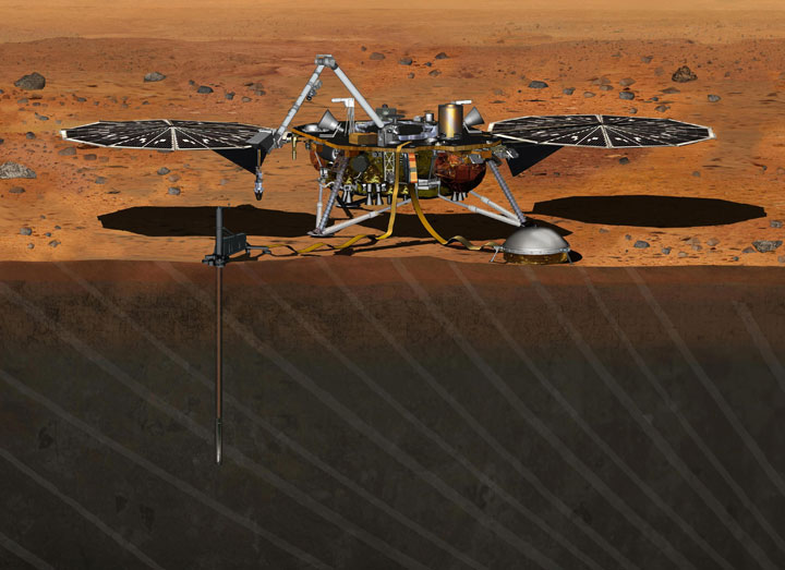 In this artist's impression, InSight drills through the Martian surface. 
