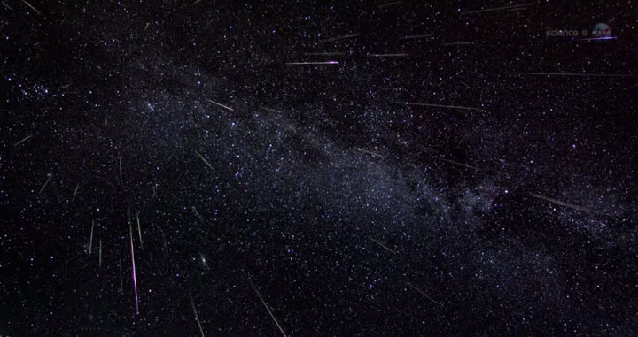 A composite image of several meteors that streaked across the sky during a meteor shower.