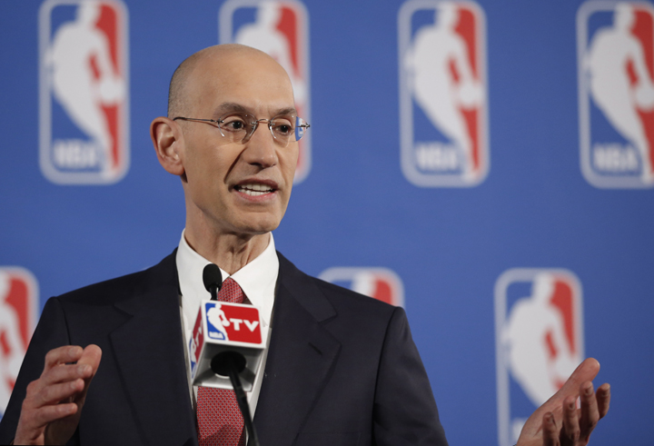 NBA Commissioner Adam Silver gestures as he answers reporters' questions during a news conference before the NBA draft lottery in New York, Tuesday, May 20, 2014. 