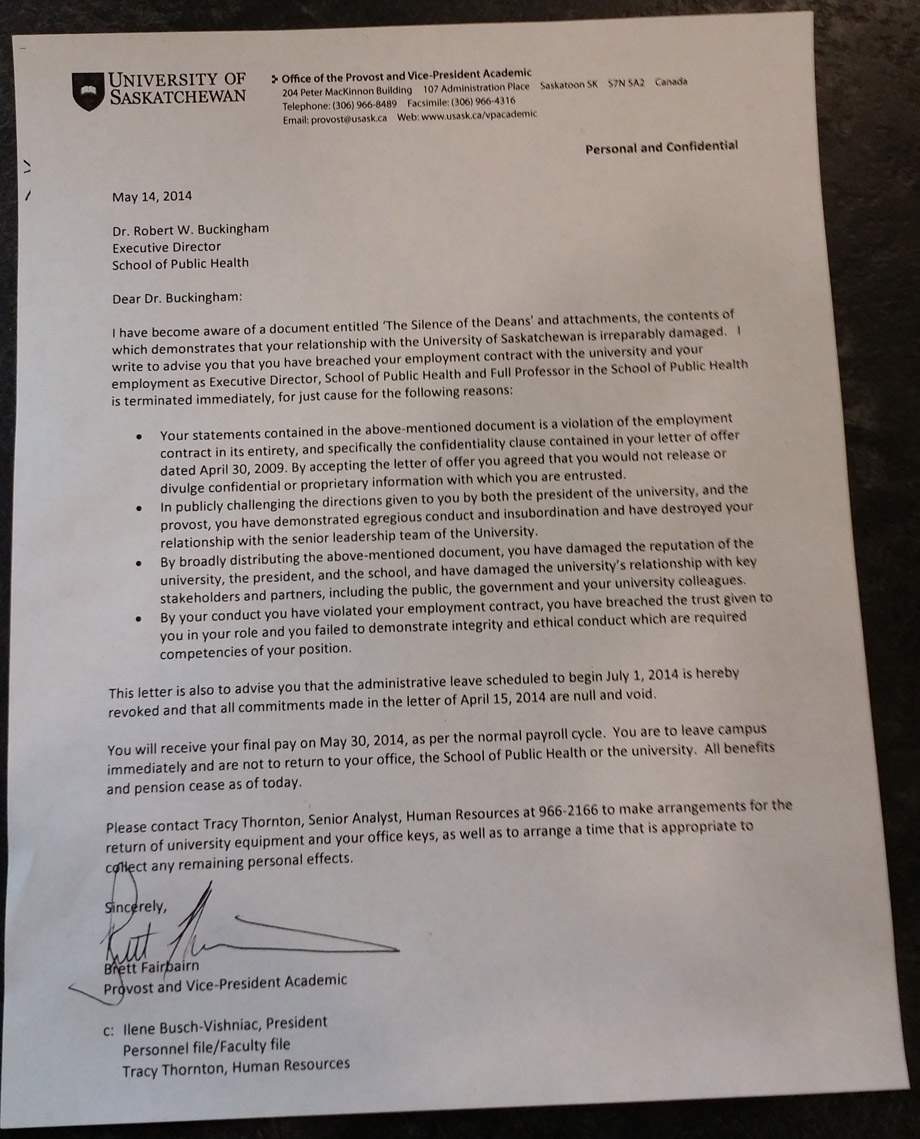 Termination letter from the University of Saskatchewan to Dr. Robert Buckingham.