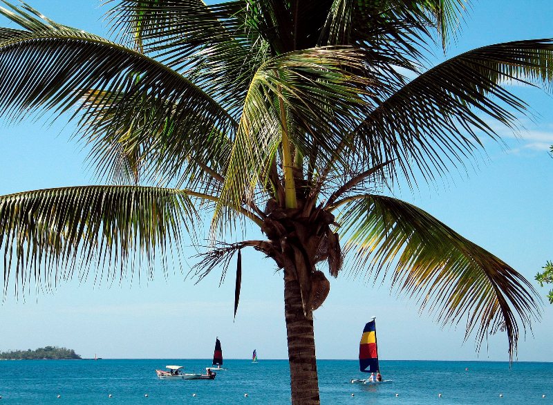 Boats float offshore of a beach near Negril, Jamaica.