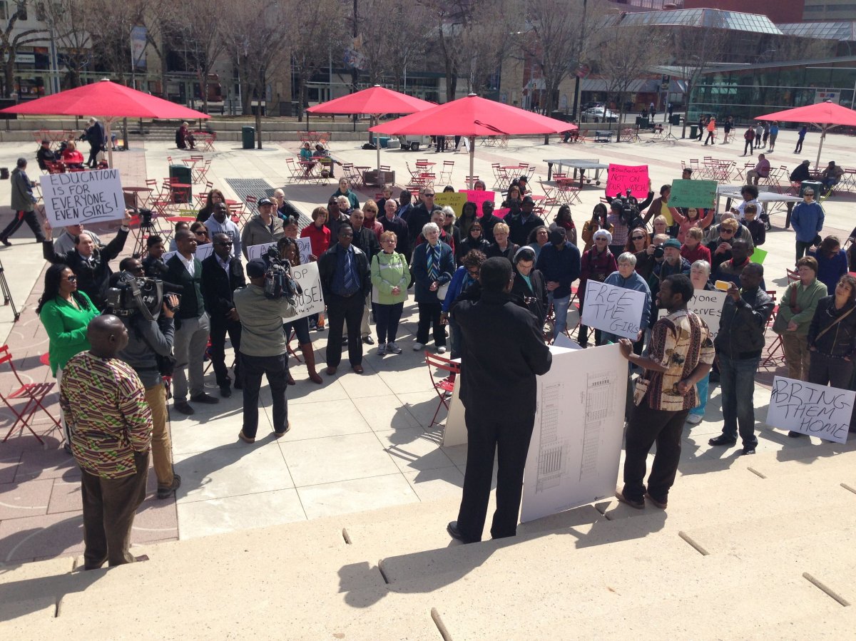 Edmontonians rally to raise awareness about the kidnappings of nearly 300 girls in Nigeria, Wednesday, May 7, 2014. 