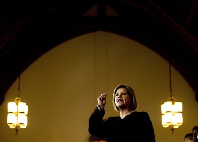 Ontario NDP leader Andrea Horwath delivers her campaign platform during a campaign stop in Toronto on Thursday, May 22, 2014. 