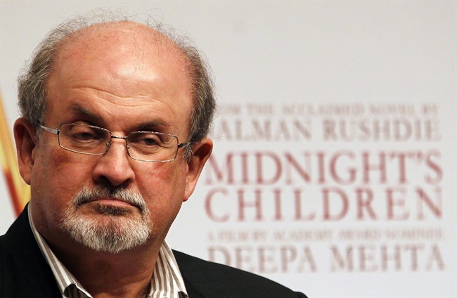 FILE - In this Jan. 29 , 2013, file photo, author Salman Rushdie attends a promotional event of “Midnight’s Children” in Mumbai, India. Rushdie, Toni Morrison and two members of the Russian protest group Pussy Riot were among the featured speakers at a black-tie event championing freedom of expression. 