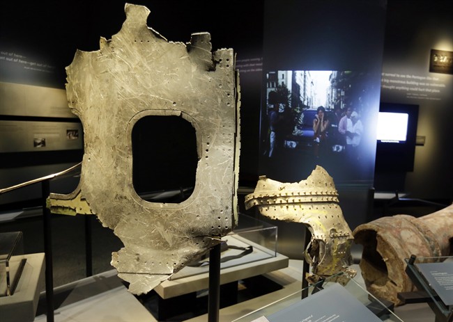 Fragments of the fuselage of Flight 11, that hit the World Trader Center, are displayed at the National Sept. 11 Memorial Museum.