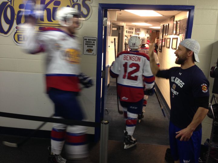 The Edmonton Oil Kings are all smiles as they head into the locker room following a 2-0 win against the Portland Winterhawks Wednesday, May 7, 2014.