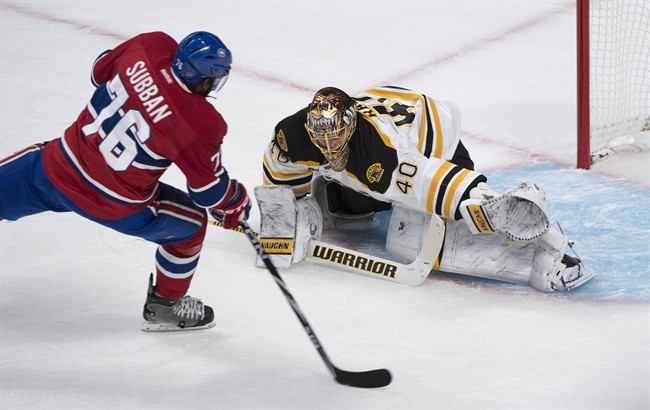 Montreal Canadiens' P.K. Subban scores past Boston Bruins goalie Tuukka Rask during first period NHL playoff hockey action Tuesday, May 6, 2014 in Montreal.