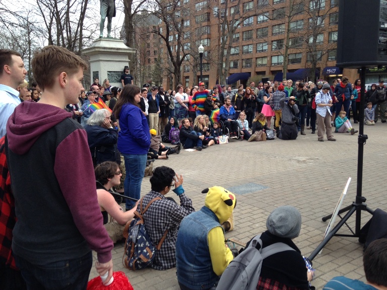 About 150 people gathered in downtown Halifax Wednesday night to rally together in the fight against homophobia and transphobia.