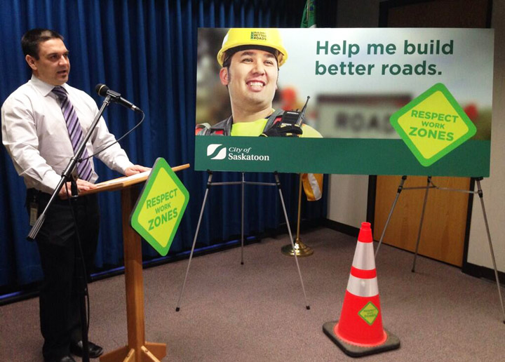 The city launched a campaign urging motorists to respect construction zones as crews start repairing Saskatoon roadways.