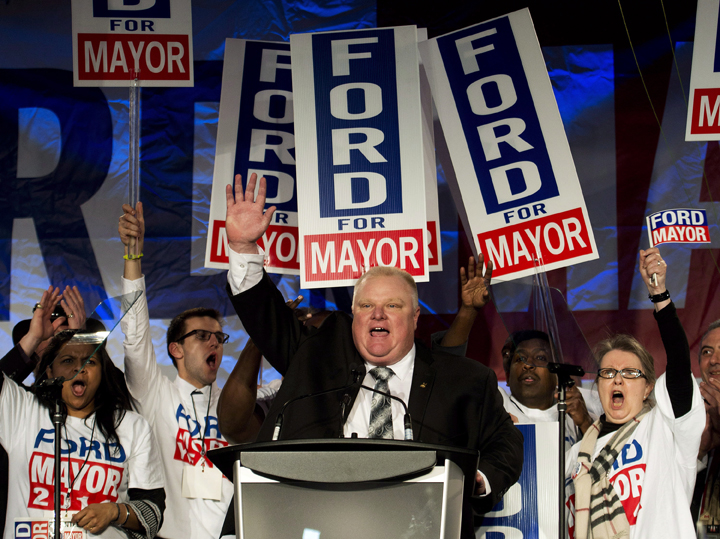 Toronto mayor Rob Ford reacts as he speaks to his supporters during his campaign launch in Toronto on Thursday, April 17, 2014. 
