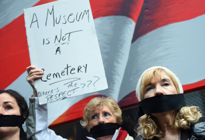 Rosemary Cain, mother of firefighter George Cain, a victim of the September 11, 2001 attack, and other victim’s family members protest the decision by city officials to keep unidentified human remains of the 9-11 victims at the 9-11 Museum at the World Trade Center site, on May 10, 2014 in New York City.