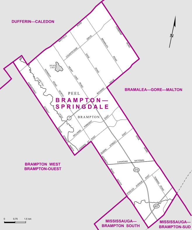 The central of Brampton’s three ridings, Brampton-Springdale comprises the neighbourhoods on either side of the 410 highway, expanding slightly in north Brampton.