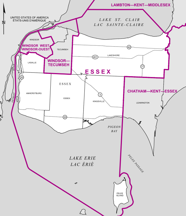 The riding comprises all of Essex county excluding Tecumseh and Leamington. The Windsor suburb community of LaSalle is the largest population centre, with just under 30,000 people.