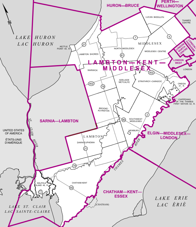 A large riding in western Ontario, this district is bordered by Lake Huron in the north, the Thames River in the south and extends out to Lake St. Clair but excludes part of Lambton County. The largest population centres in this riding are the western suburbs of London (Strathroy, Konoka), and the riverside town of Wallaceburg.