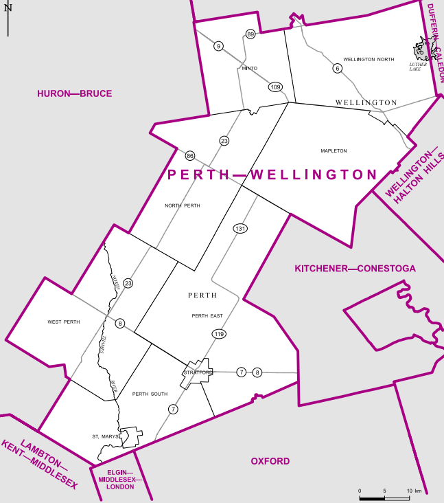 A rural riding to London’s west, Perth-Wellington includes all of Perth County, the Town of Minto, and the townships of Mapleton and Wellington North. The largest population centre is Stratford.