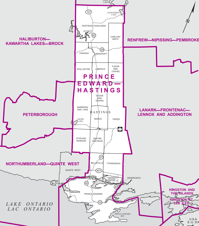 A narrow riding stretching north from Lake Ontario, this riding includes all of Prince Edward County and most of Hastings, excluding Trenton. It goes as far north along Highway 62 and 127 to the outskirts of Barry’s Bay.