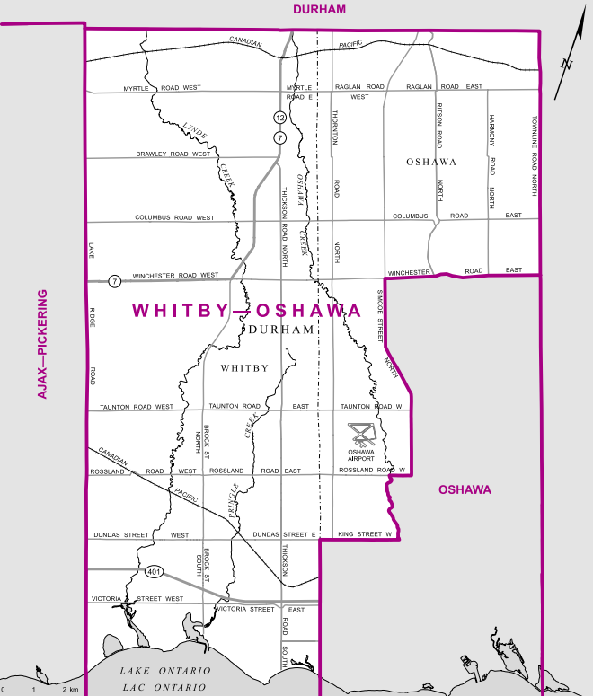 Sandwiched between Ajax-Pickering and Oshawa, this riding includes all of Whitby and the parts of Oshawa surrounding of the airport and north of Winchester Road.