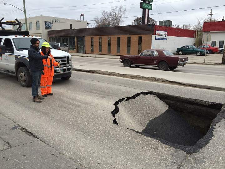 This sinkhole forced the closure of southbound St. Mary’s Road in Winnipeg on Wednesday, May 14, 2014