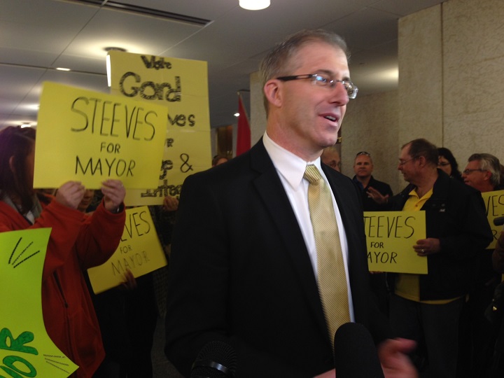 Gord Steeves arrives at city hall to register to run for mayor of Winnipeg, on Friday May2, 2014
.
