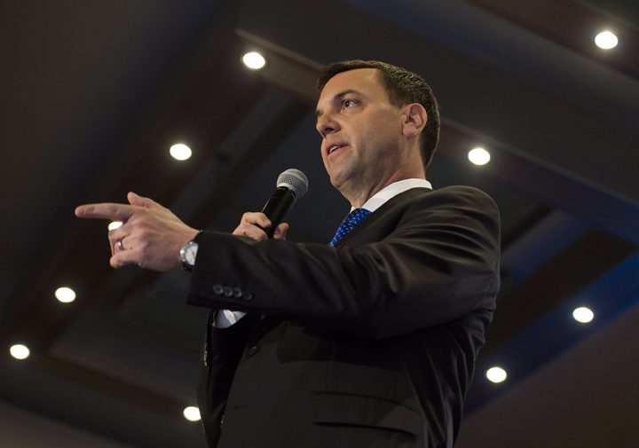 Ontario PC Leader Tim Hudak delivers a speech while campaigning in Toronto, Ont. on Wednesday, May 14, 2014.
