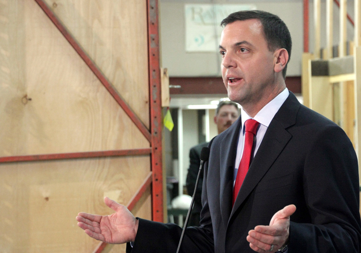 Conservative Leader Tim Hudak is seen during a campaign stop at a plant in Thornhill, Ont., on Monday, May 26, 2014.