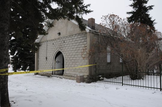 An old chapel in Calgary’s Union Cemetery is taped off after a deliberately set fire.