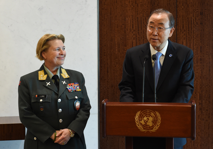 Major General Kristin Lund of Norway (L) with United Nations Secretary General Ban Ki-Moon on May 12, 2014 at UN headquarters in New York.
