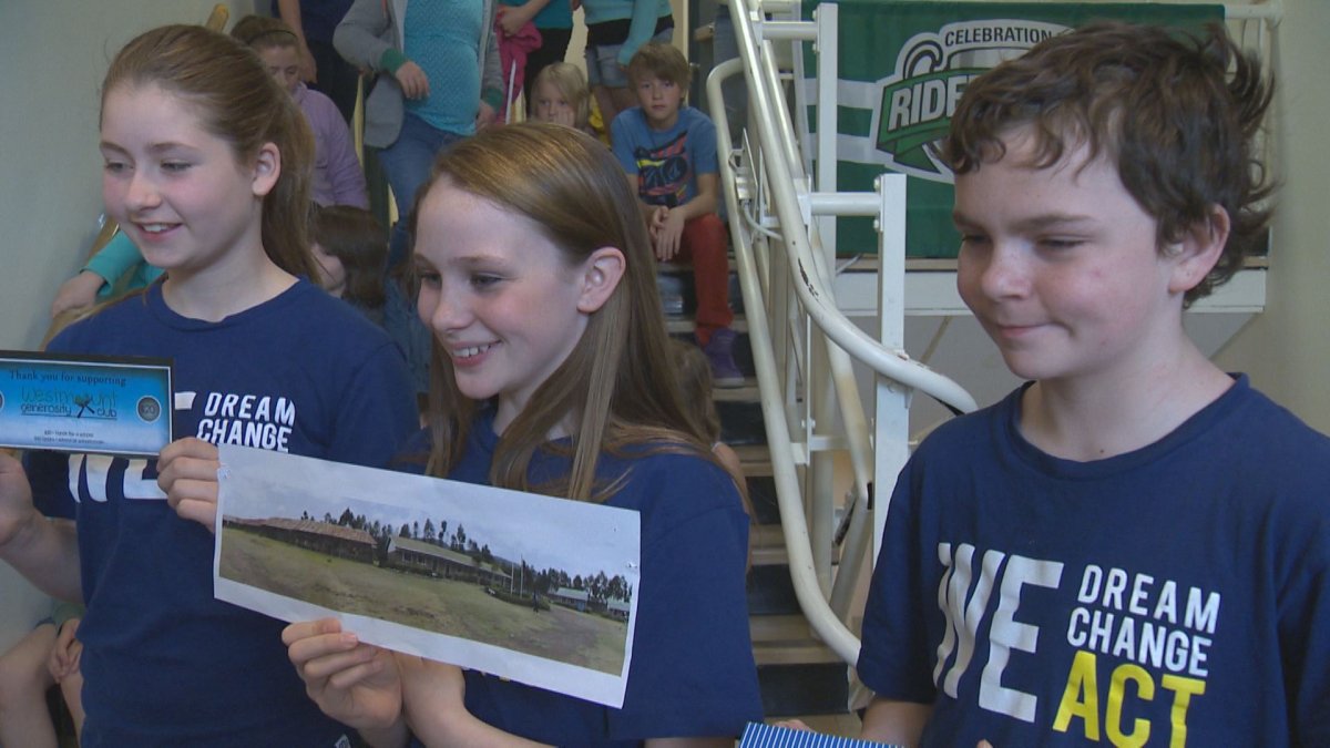 Generosity Club Members (left to right) Miriam Levesque, Hazel Hutchinson, and Connor Lyle proudly talk to Global News about their Kenya School project.