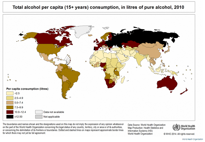 Canadians drink more alcohol annually than their American counterparts, according to the World Health Organization.
