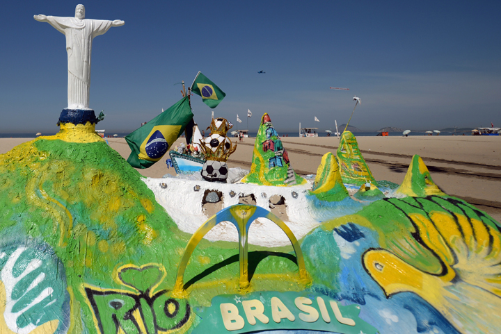 View of the sand sculpture "Brazil Word Cup Fifa 2014" in Copacabana beach in Rio de Janeiro on May 2, 2014.