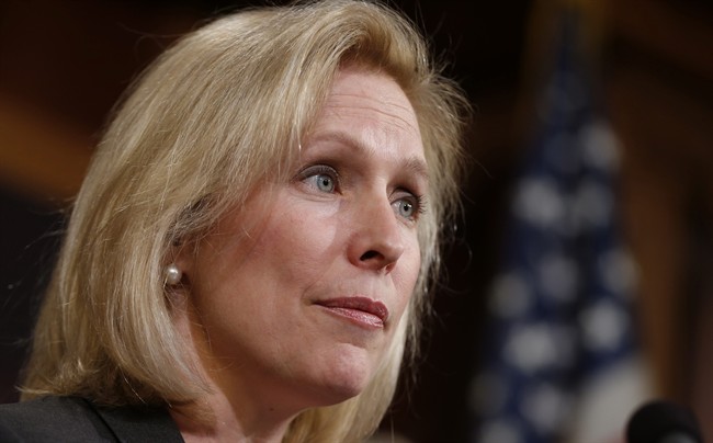 This March 6, 2014 file photo shows Sen. Kirsten Gillibrand, D-N.Y. on Capitol Hill in Washington. The Education Department on Thursday took the unprecedented step of releasing the names of the 55 colleges and universities currently facing a Title IX investigation over their handling of sexual abuse complaints. 