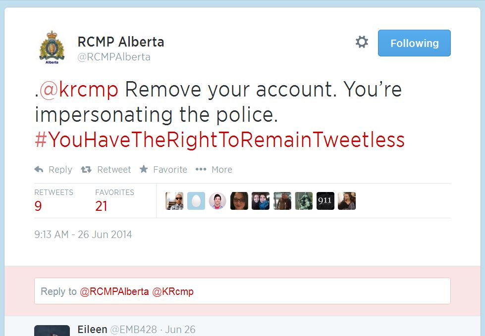 ‘You have the right to remain tweetless’: RCMP to fake Twitter account ...