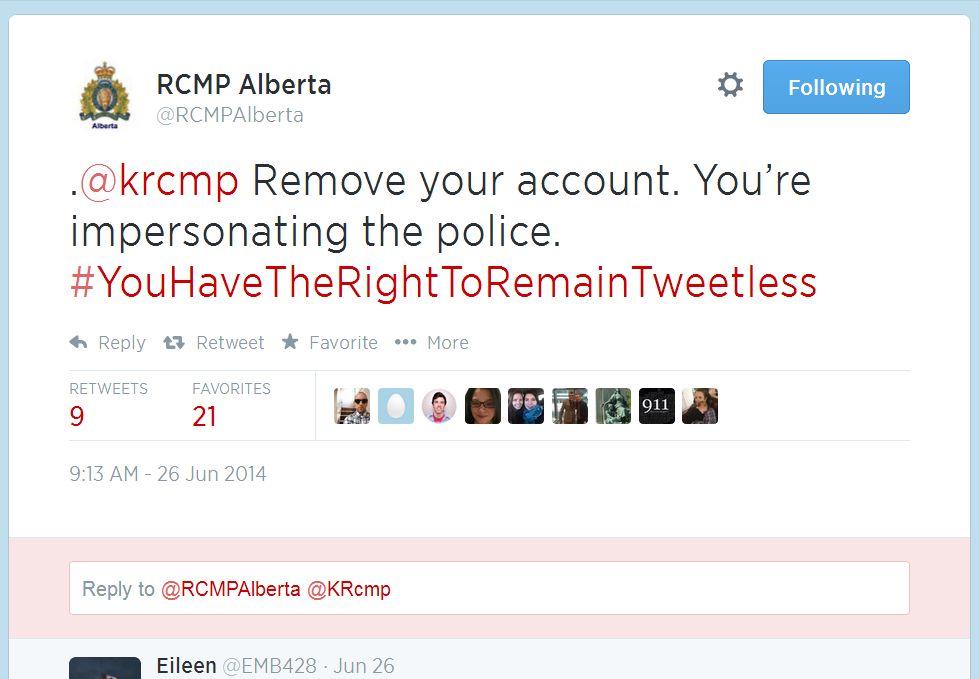 A tweet from the Alberta RCMP Twitter account on June 26, 2014.