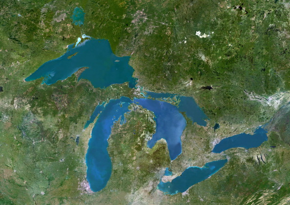 True colour satellite image of the Great Lakes region which includes the Canadian Province of Ontario and eight US states. Lakes are from west to east : Lake Superior, Lake Michigan, Lake Huron, Lake Erie and Lake Ontario.