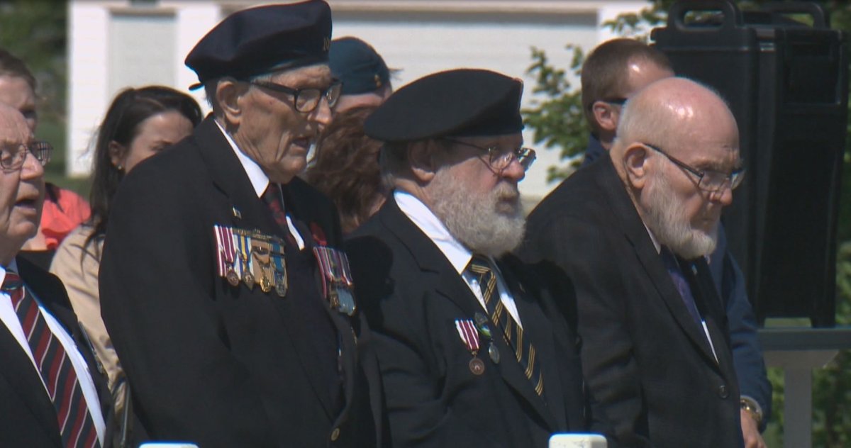 Veterans look on as members of the 3rd Canadian Division at CFB Edmonton receive a shoulder patch called the French Grey. June 6, 2014.