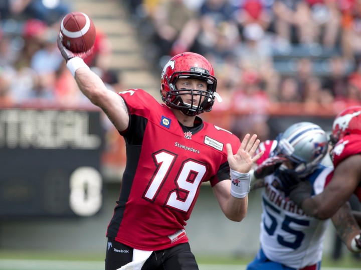 Calgary Stampeders' quarterback Bo Levi Mitchell during a CFL game between the Calgary Stampeders and Montreal Alouettes in Calgary, Alberta on Saturday, June 29, 2014.