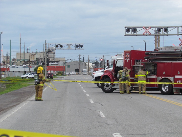 Emergency services at the scene of a chemical explosion in Bécancour, Quebec on June 25, 2014.