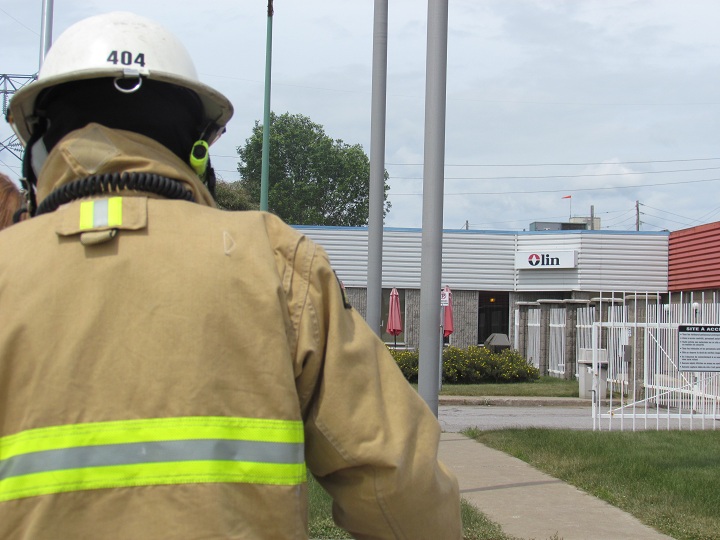 Emergency services at the scene of a chemical explosion in Bécancour, Quebec on June 25, 2014.