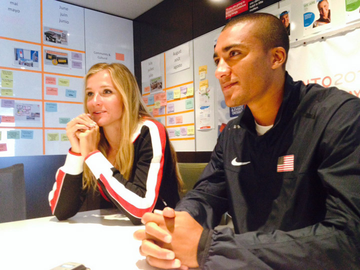 Track and field's power couple Brianne-Theisen Eaton and husband Ashton Eaton answer questions during an interview in Toronto on Tuesday June 3, 2014. They're training partners and life partners and clearly each other's biggest supporters. THE CANADIAN PRESS/Lori Ewing