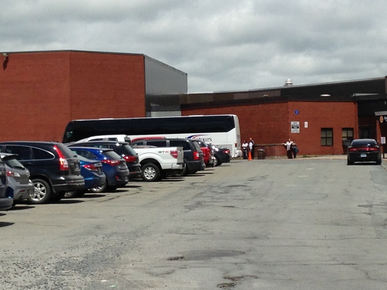 A bus carrying a group of Sackville high school students returns from a school trip to Moncton.