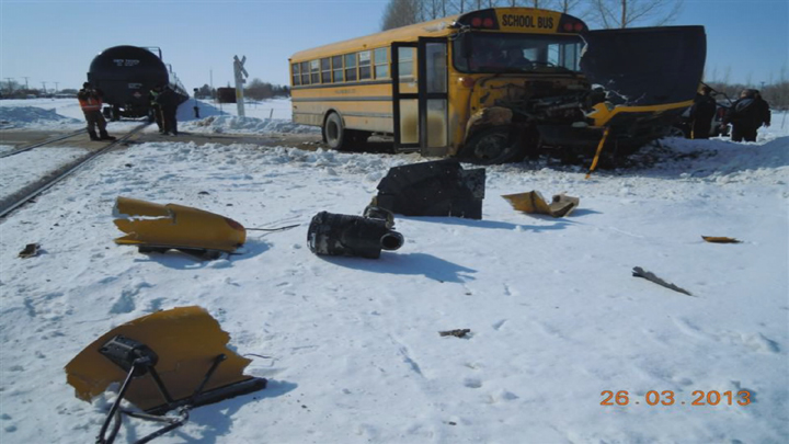 On March 26, 2013 the school bus was hit on the front passenger side by the train, spinning the bus off the road. None of the students were seriously injured