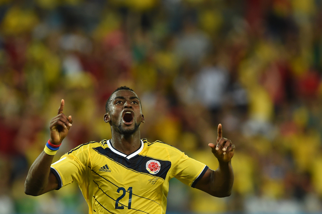 Colombia's forward Jackson Martinez celebrates after socring his second goal during the Group C football match between Japan and Colombia at the Pantanal Arena in Cuiaba during the 2014 FIFA World Cup on June 24, 2014. AFP PHOTO / TOSHIFUMI KITAMURA (Photo credit should read TOSHIFUMI KITAMURA/AFP/Getty Images)