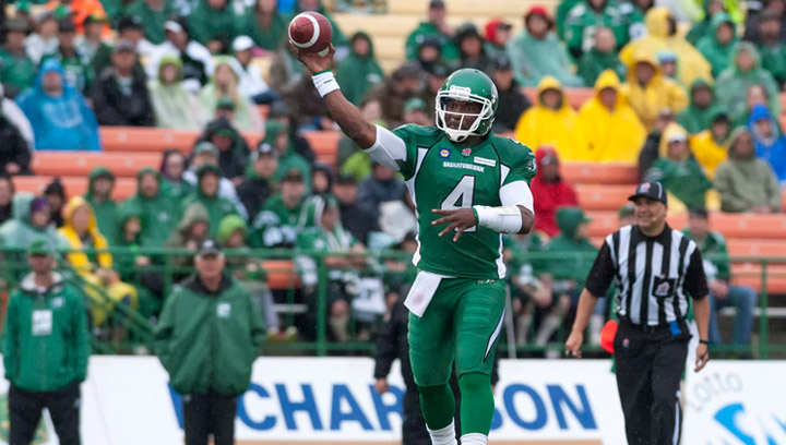 Saskatchewan Roughriders quarterback Darian Durant throws a pass against the Edmonton Eskimos during the first quarter of CFL pre-season football action at Mosaic Stadium on Friday, June 20, 2014 in Regina. Durant calls the Riders o- line the team’s “unsung heroes” as they remain intact for third straight season.