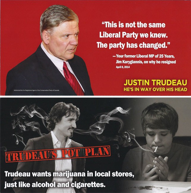 The front and back of a leaflet attacking Justin Trudeau, is shown. THE CANADIAN PRESS/HO